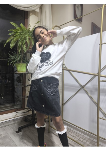 Kız Çocuk Kot Etekli Takım(Sweatshirt+Beli Lastikli Kısa Kot Etek) Kurdele Füme