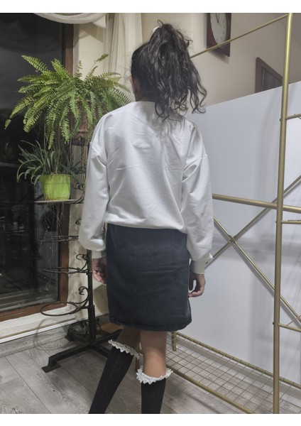 Kız Çocuk Kot Etekli Takım(Sweatshirt+Beli Lastikli Kısa Kot Etek) Kurdele Füme fırsatları