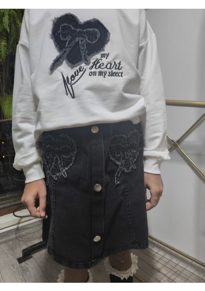 Kız Çocuk Kot Etekli Takım(Sweatshirt+Beli Lastikli Kısa Kot Etek) Kurdele Füme indirimleri