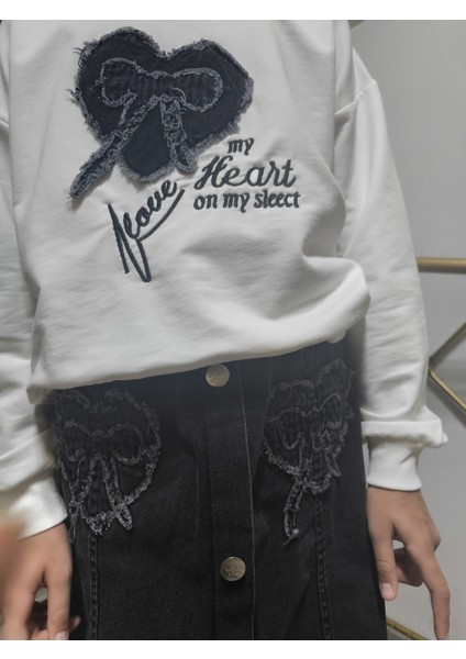 Kız Çocuk Kot Etekli Takım(Sweatshirt+Beli Lastikli Kısa Kot Etek) Kurdele Füme