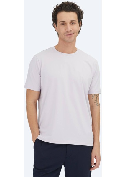 Lila Düz Bisiklet Yaka Pamuk Karışımlı T-Shirt