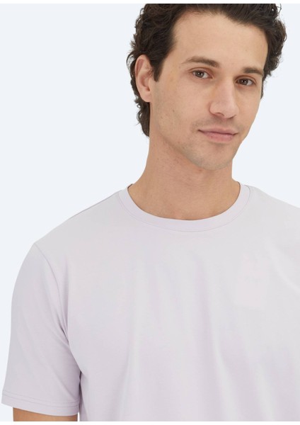 Lila Düz Bisiklet Yaka Pamuk Karışımlı T-Shirt modelleri