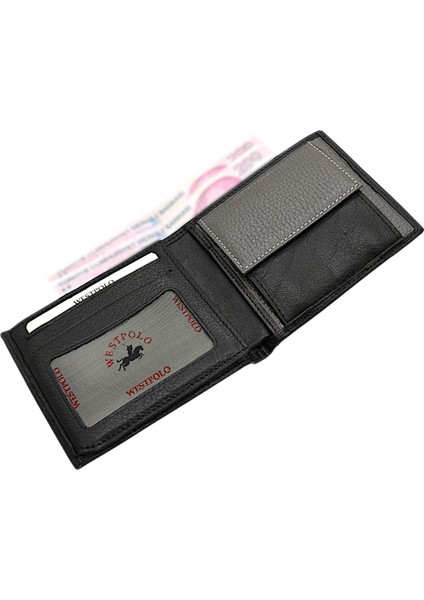 Hakiki Deri Bozuk Para ve Kart Bölmeli Erkek Cüzdanı - Siyah-Gri modelleri