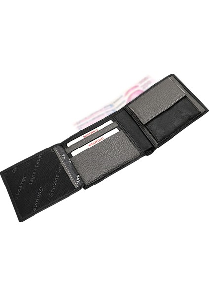 Hakiki Deri Bozuk Para ve Kart Bölmeli Erkek Cüzdanı - Siyah-Gri fırsatları