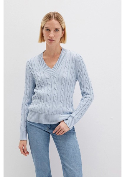 Kadın Ipek Karışımlı V Yaka Mavi Kazak 1710720-70813