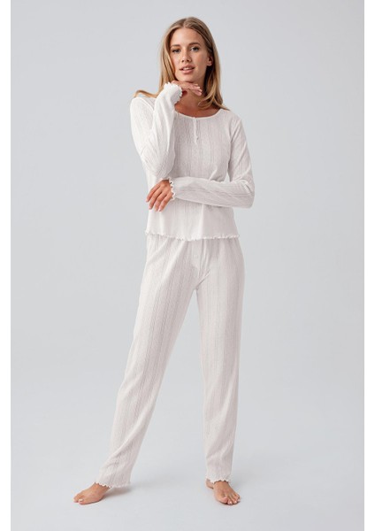 Uzun Kollu Ajurlu Düğmeli Esnek Pamuklu Pijama Takım 18213