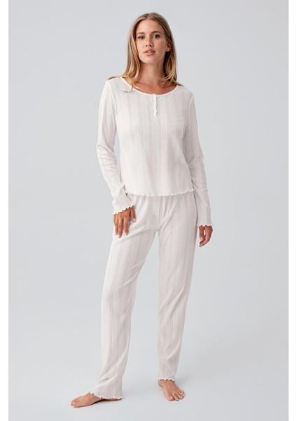 Uzun Kollu Ajurlu Düğmeli Esnek Pamuklu Pijama Takım 18213 fiyatları