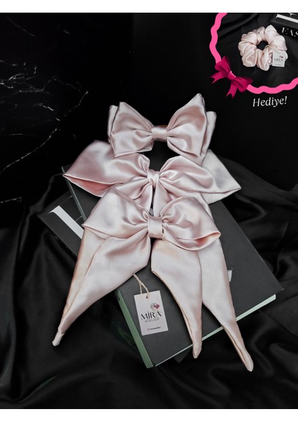 Kadın 3’lü Fiyonk Saç Tokası Seti + Scrunchie Hediyeli - Pudra Düşü