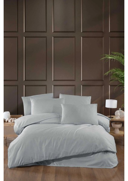 Stripe Saten Line Çift Kişilik Nevresim Takımı Gri