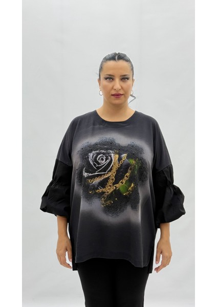 Büyük Beden Viskon Taşlı Inci Detaylı Karpuz Kol Oversize Kadın Bluz