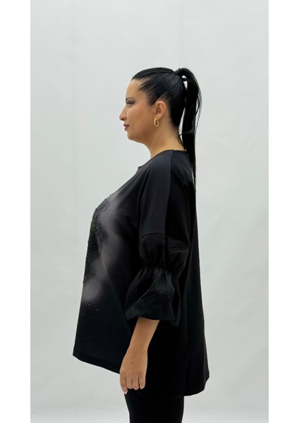 Büyük Beden Viskon Taşlı Inci Detaylı Karpuz Kol Oversize Kadın Bluz modelleri