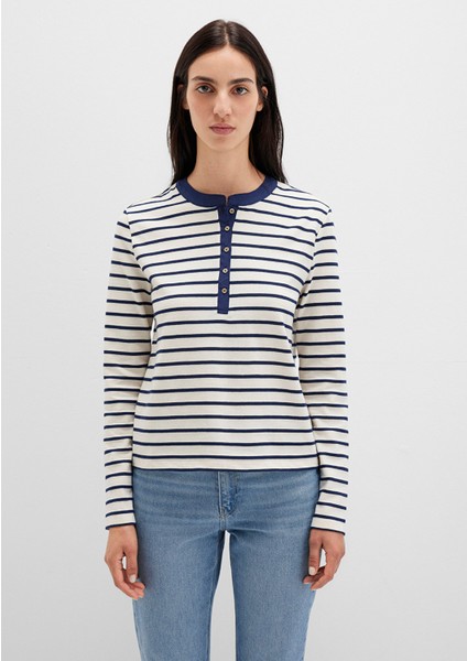 Düğme Detaylı Çizgili Tişört 1613394-86625 fırsatları