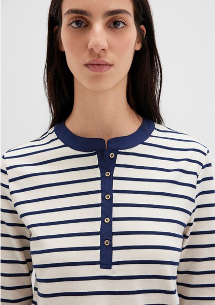 Düğme Detaylı Çizgili Tişört 1613394-86625