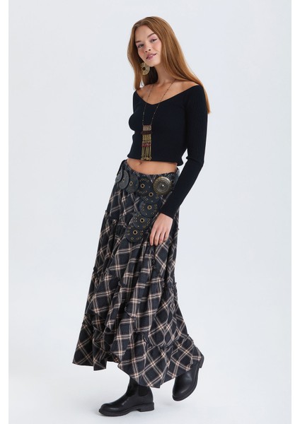 Hippi Tarz Desenli Maxi Etek Antrasit fırsatları