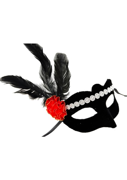 Siyah Renk Süet Kaplama Gümüş Dantelli Kırmızı Gül Tasarımlı Parti Maskesi 18X20 cm (5067) fiyatları