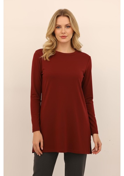8229A Bisiklet Yak Yırtmaçlı Tunik Bordo