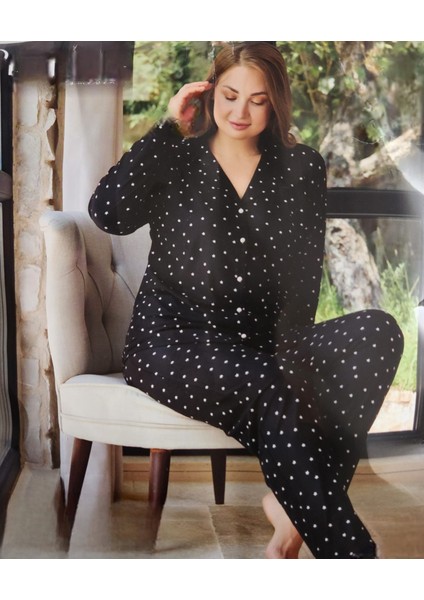 Süet Gömlek Yaka Önden Düğmeli Büyük Beden Uzun Kollu Pijama Takımı