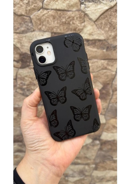 Iphone 11 Uyumlu Siyah Kelebek Desenli Silikon Darbe Emici Klasik Korumalı Rubber Kılıf 277