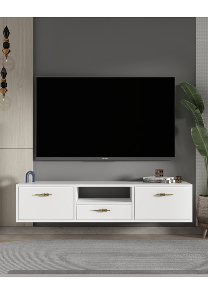 1326DROPDD-32 Duvara Montaj Tv Sehpası Beyaz-Altın