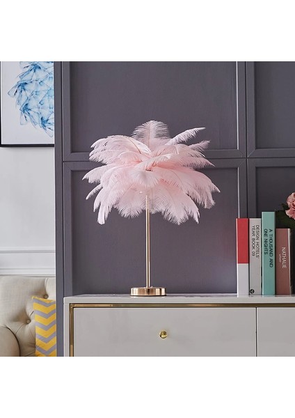 Masa Lambası Deve Kuşu Tüy Palmiye Pembe Abajur