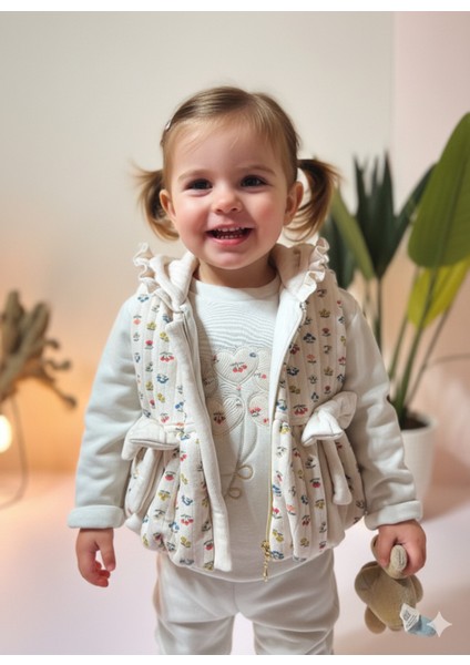 Kız Bebek Çiçek Desenli Üçlü Takım (Omuzdan Çıtçıtlısweatshirt+Fiyonklu Kapşonluyelek+Pantolon)