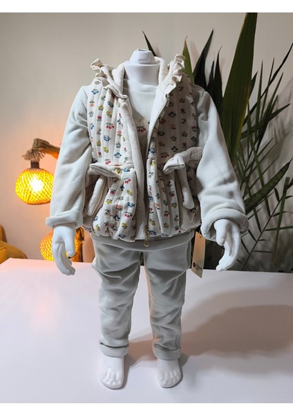 Kız Bebek Çiçek Desenli Üçlü Takım (Omuzdan Çıtçıtlısweatshirt+Fiyonklu Kapşonluyelek+Pantolon) fiyatları