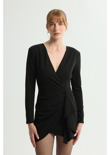 V Yaka Kruvaze Elbise Siyah 124L9754000