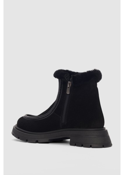 Corine Hakiki Deri Kürk Detaylı Yandan Fermuarlı Kadın Bot- Siyah Süet modelleri