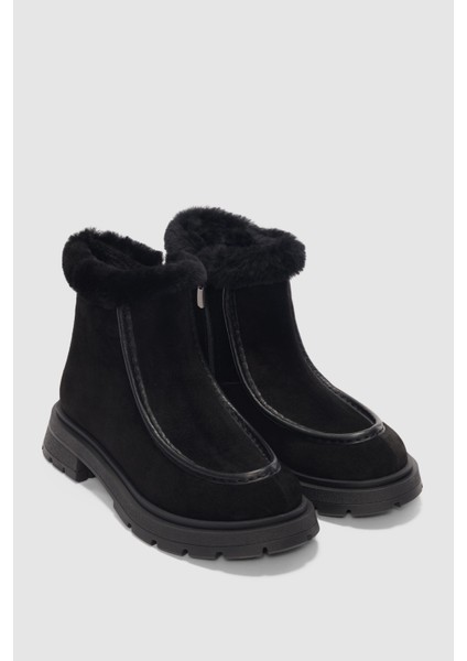 Corine Hakiki Deri Kürk Detaylı Yandan Fermuarlı Kadın Bot- Siyah Süet fırsatları