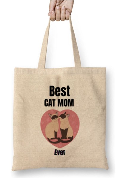 Anneler Günü Best Cat Mom Kedi Annesi Beyaz Bez Çanta Uzun Saplı Alışveriş Çantası Plaj Çantası