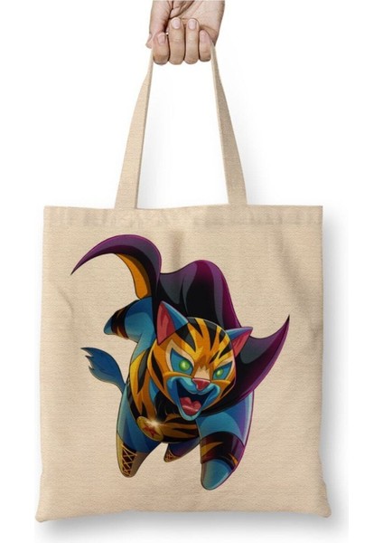 Cat El Tigre Kaplan Kedi Beyaz Bez Çanta Uzun Saplı Alışveriş Çantası Plaj Çantası