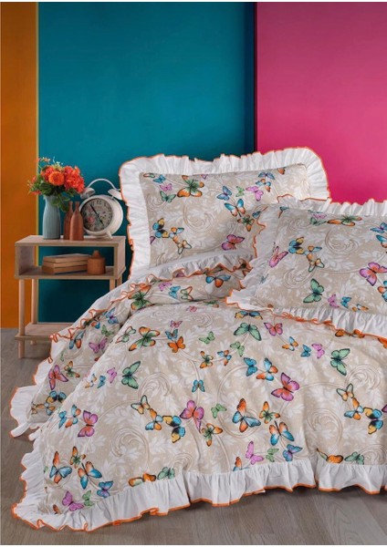 %100 Pamuk Çift Kişilik Nevresim Takımı Fırfırlı Süs Dikişli Kelebek Desen fiyatları