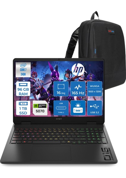 Omen 16 Intel Core 7 240H 96GB Ddr5 1tb SSD 8GB/RTX5070 16" Wuxga IPS 400NITS 165Hz Windows 11 Pro Oyun Bilgisayarı BHPQ1Y7EAP22 + Zettaçanta