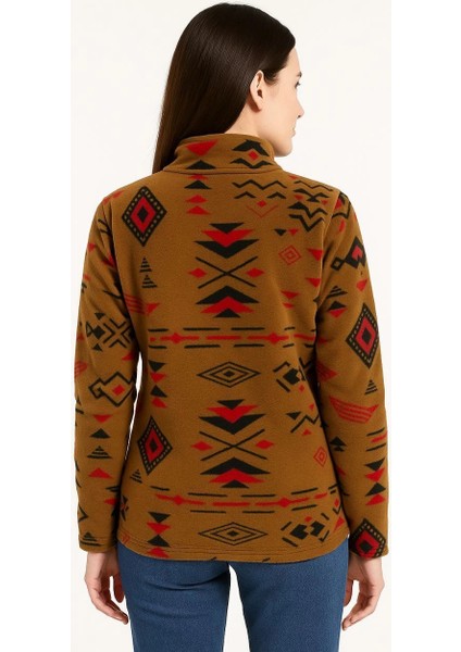Kadın Yarım Fermuarlı Desenli Polar Sweat Tribal Etnik Desen Yakalı, Uzun Kollu, Oversize Rahat Kalıp - Kahverengi -Vlmr modelleri