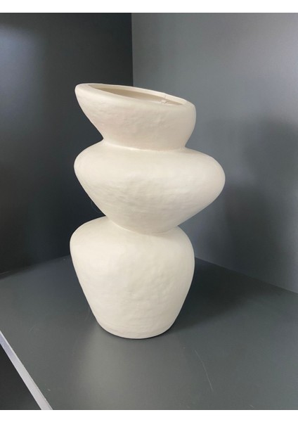 Bohem Tarz Seramik Taş Görünümlü Dekoratif Vazo | Ahşap ve Krem Renk Seçenekli