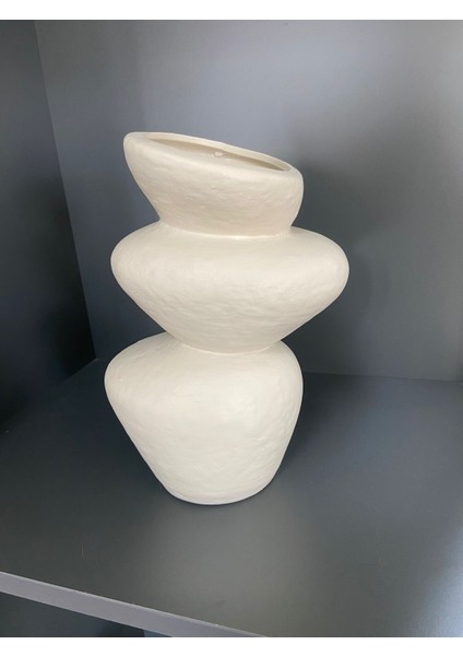 Bohem Tarz Seramik Taş Görünümlü Dekoratif Vazo | Ahşap ve Krem Renk Seçenekli fiyatları