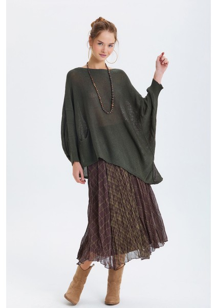 Bohem Midi Desenli Şifon Etek Haki