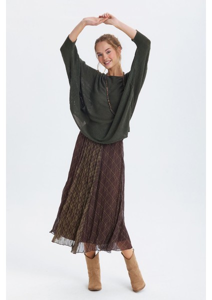 Bohem Midi Desenli Şifon Etek Haki modelleri