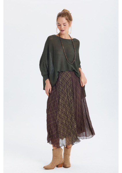 Bohem Midi Desenli Şifon Etek Haki fırsatları