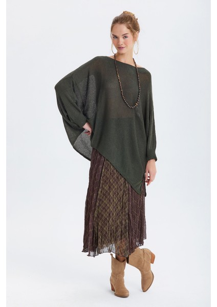 Bohem Midi Desenli Şifon Etek Haki indirimleri