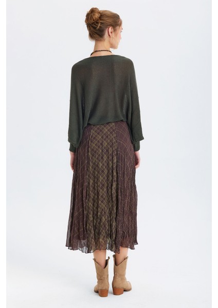 Bohem Midi Desenli Şifon Etek Haki