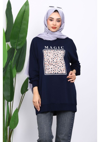 Lacivert Bisiklet Yaka Baskılı Sweat