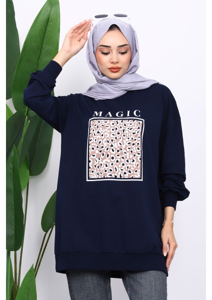 Lacivert Bisiklet Yaka Baskılı Sweat modelleri