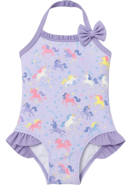 Kız Çocuk Unicorn Desenli Fırfırlı Mayo Lila fiyatları