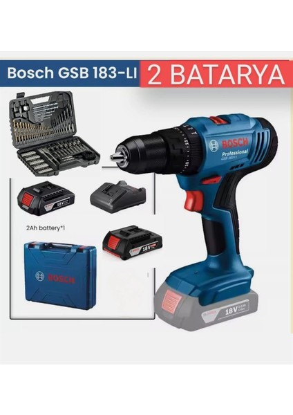 Gsb 183-LI 18V 2AH Darbeli Çift Akülü Vidalama Şarjlı Matkap ve 103 Parça Karışık Aksesuar Seti