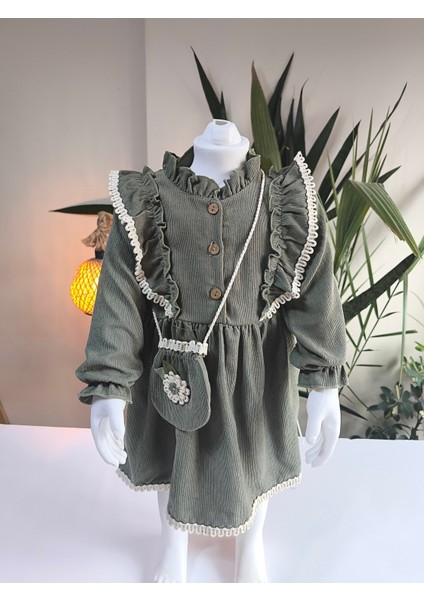 Uzun Kollu Dantel Detaylı Vintage Fitilli Kadife Çantalı Kız Çocuk Elbisesi fiyatları