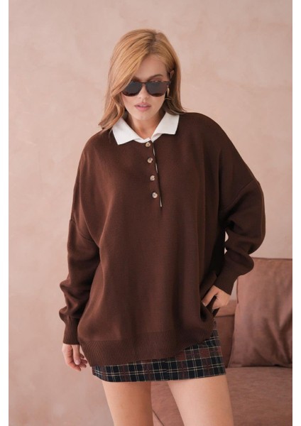 Kadın Polo Yaka Düğmeli Oversize Triko Kazak - 12268R