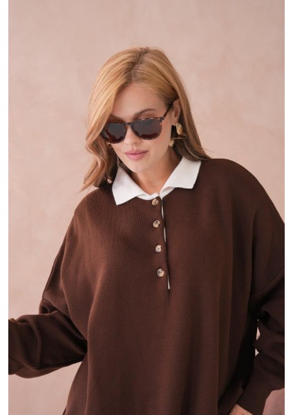 Kadın Polo Yaka Düğmeli Oversize Triko Kazak - 12268R fiyatları