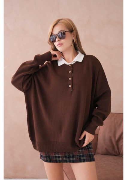 Kadın Polo Yaka Düğmeli Oversize Triko Kazak - 12268R modelleri