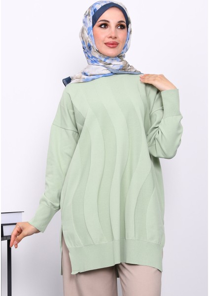 Su Yeşili Bisiklet Yaka Soğuk İplik Triko Tunik